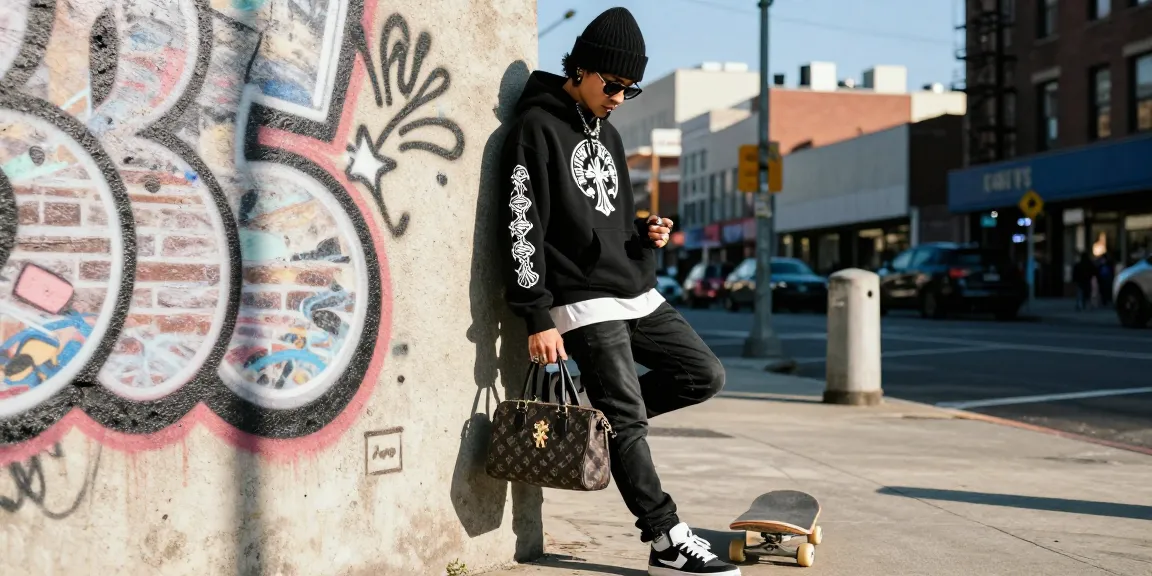 Stylish individual in Chrome Hearts hoodie showcases urban streetwear against a graffiti backdrop.
