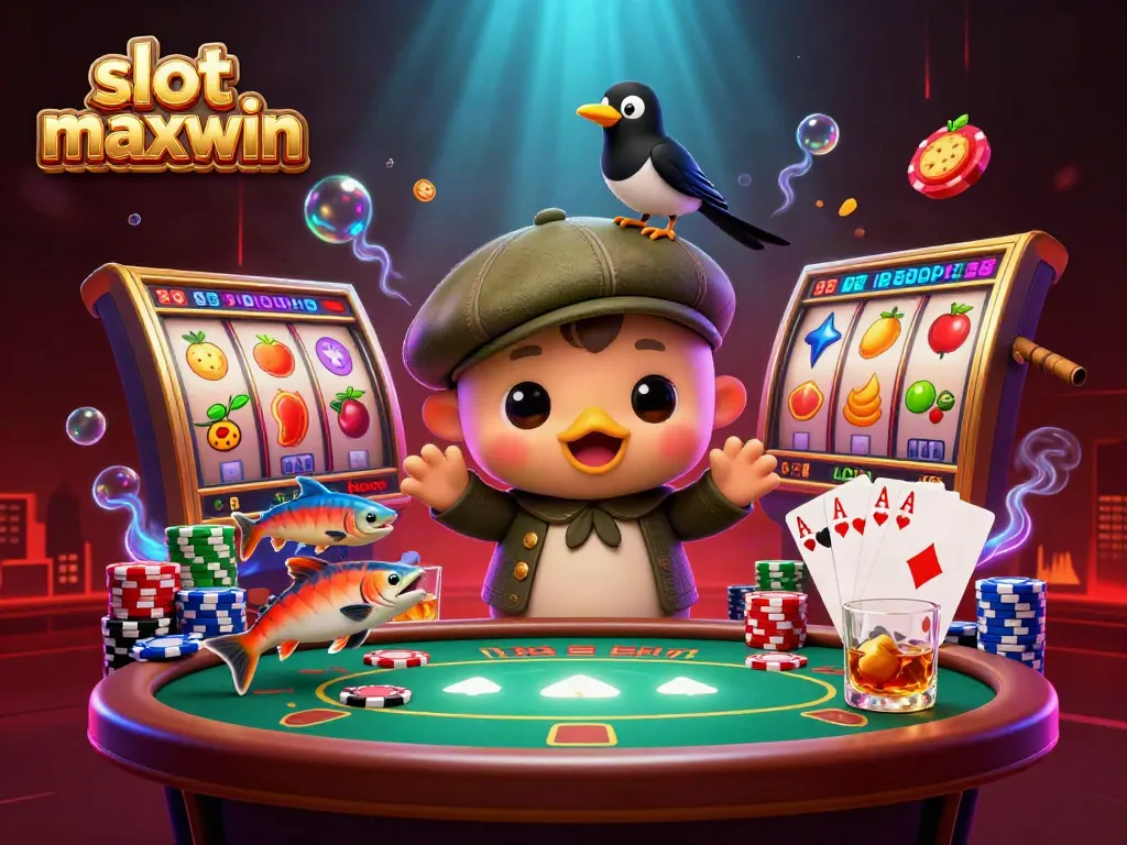 Spin slot maxwin with cartoon Nessie, a gold-obsessed magpie, and vibrant poker elements.
