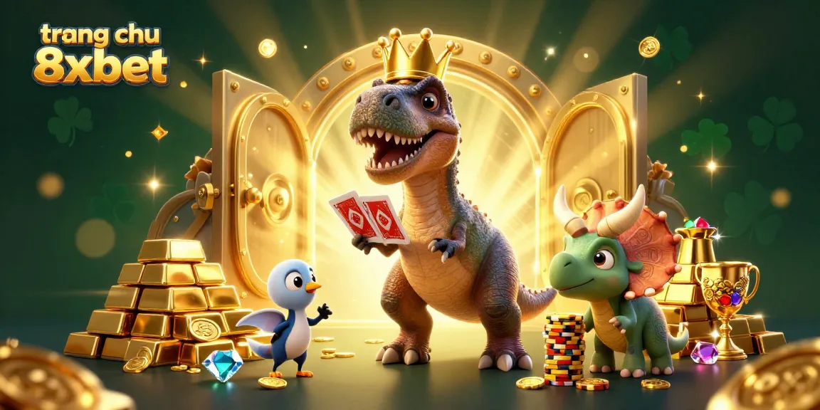 Experience excitement at trang chu 8xbet with friendly T-Rex shuffling cards and vibrant casino treasures.