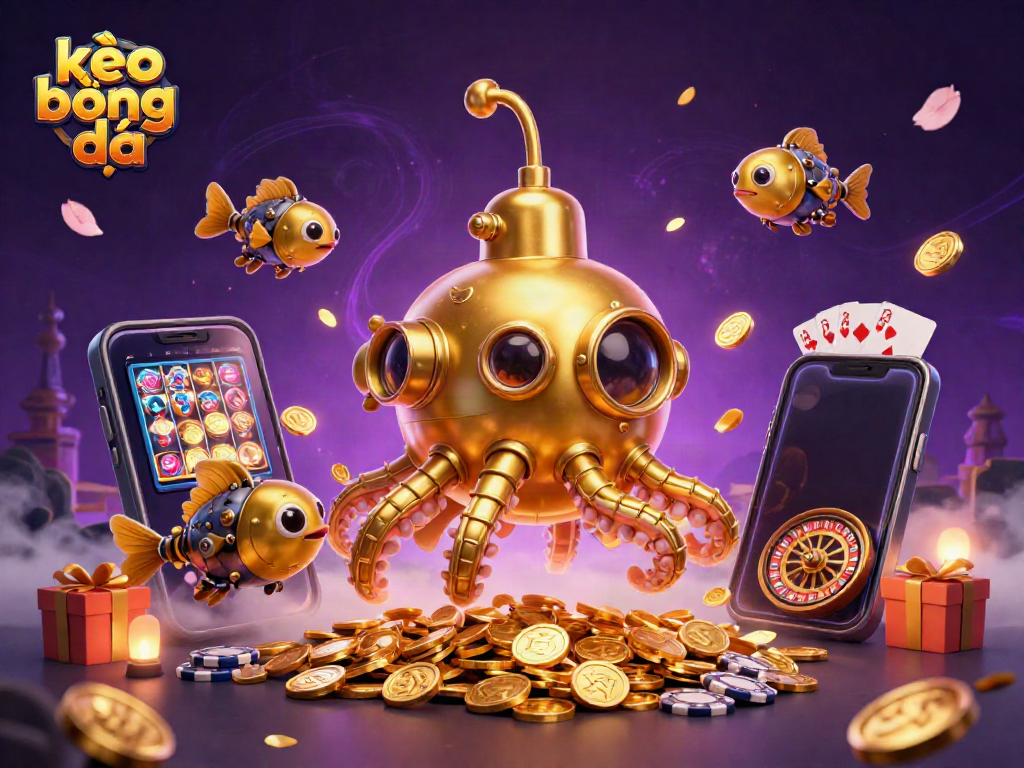 Bet on kèo bóng đá with a golden kraken submarine and mechanical fish amid a sea of coins.