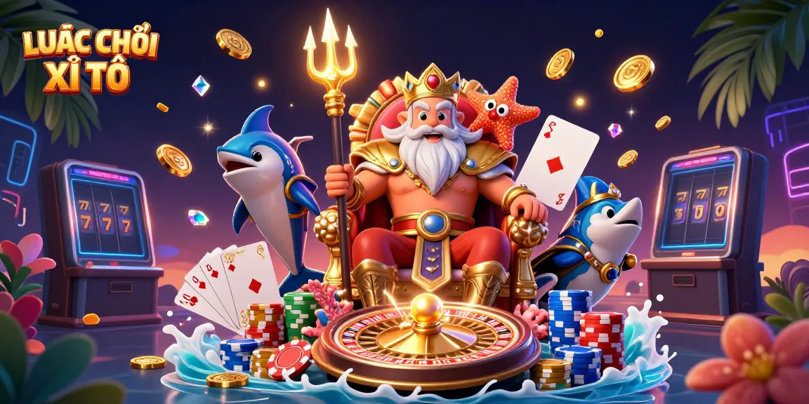 Experience LUẬT CHƠI XÌ TỐ with vibrant visuals of Neptune, treasure, and poker elements.