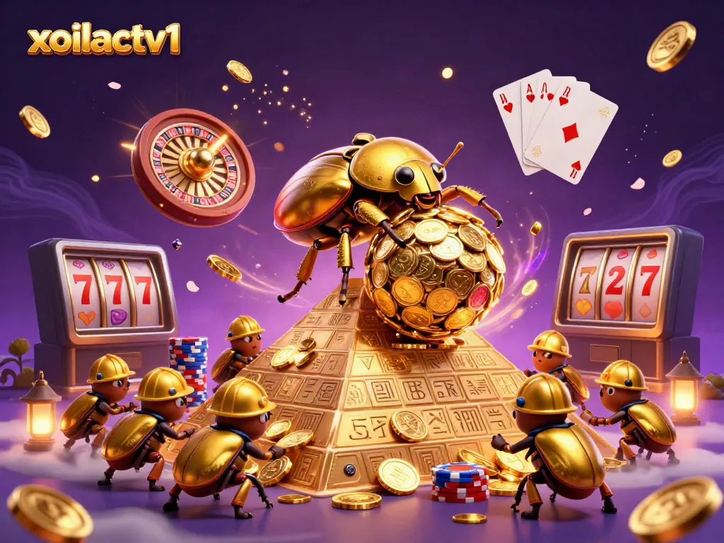 Xoilactv1 shows a golden dung beetle rolling coins in a vibrant casino scene.