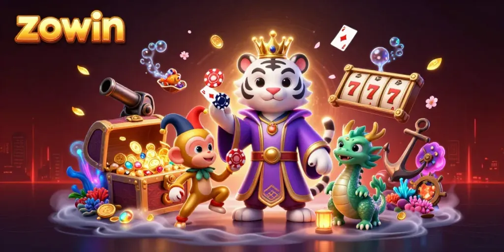 Experience high-stakes fun with Zowin's vibrant casino scene featuring animated characters and dynamic elements.