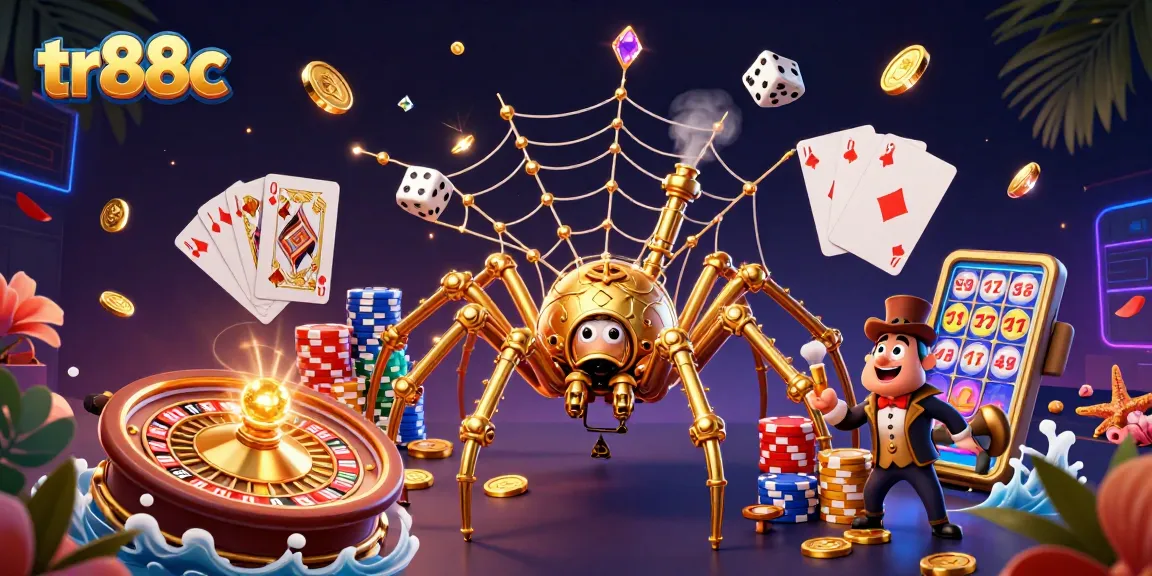 tr88c showcases a vivid steampunk spider web filled with gambling elements, enhancing casino excitement.