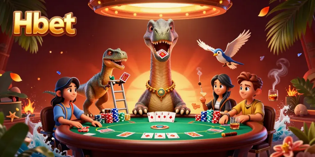 Engaging Hbet poker scene with a dinosaur and a raptor dealer surrounded by vibrant casino elements.