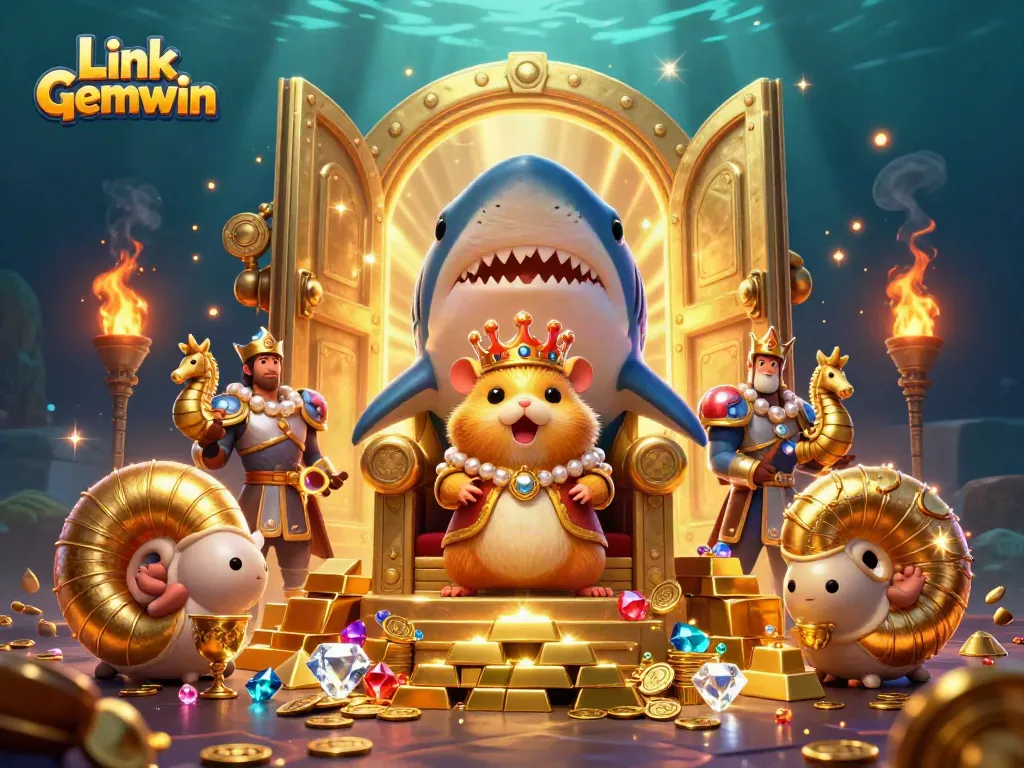 Play slot games with Link Gemwin and immerse in an underwater treasure-filled adventure featuring a hamster king and seahorse guards.