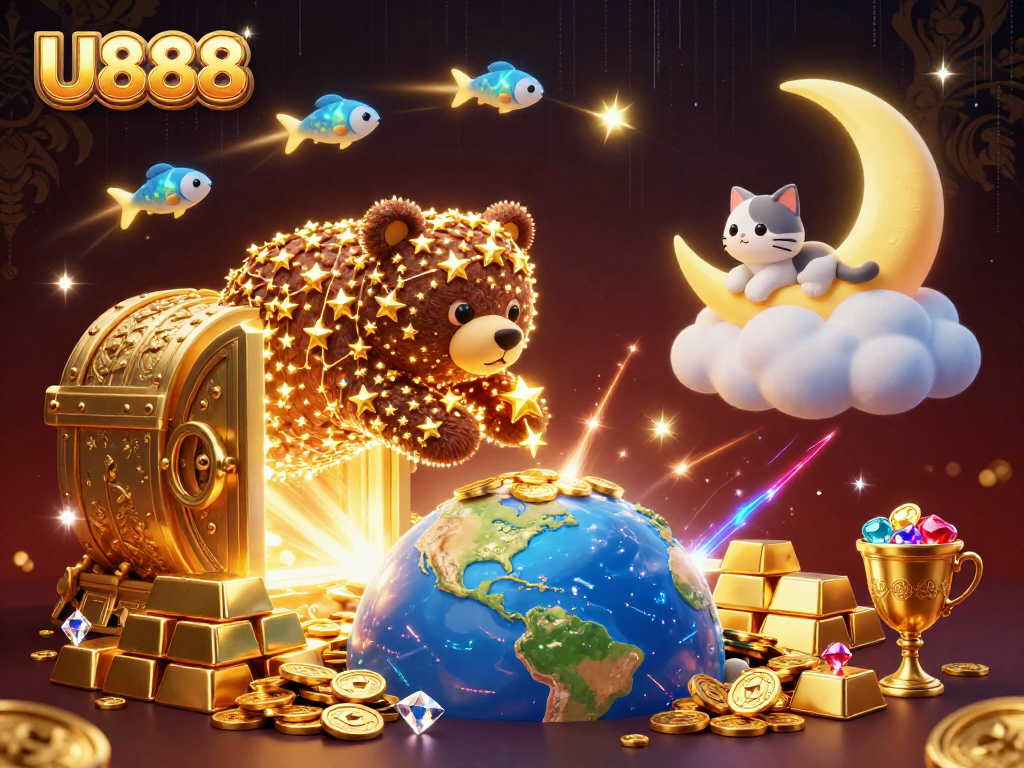 Engage in thrilling U888 gaming adventures as celestial characters scoop coins from treasure vaults amidst vibrant lights.
