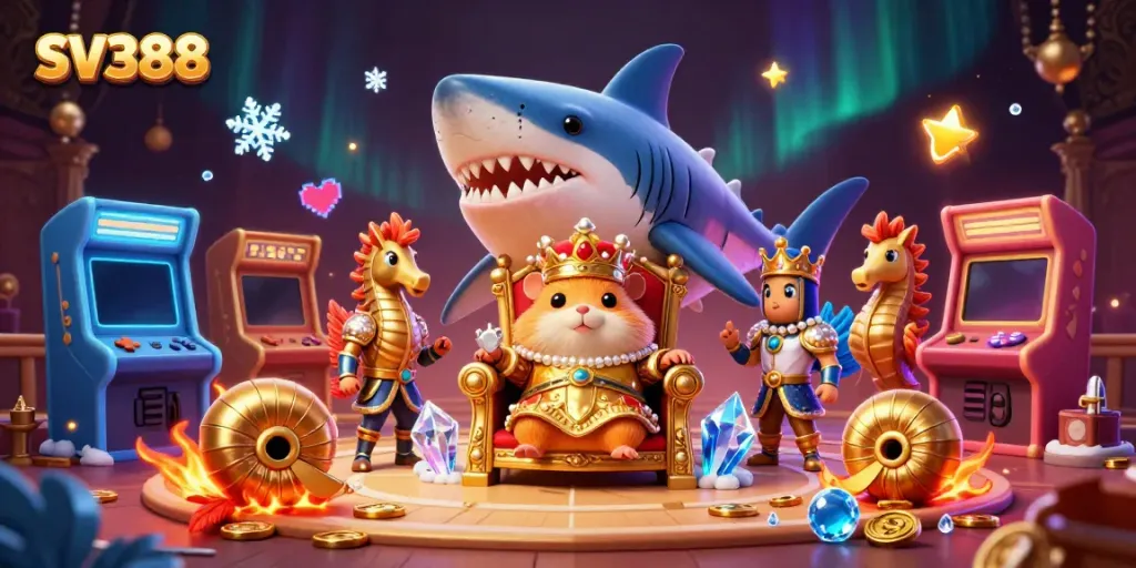 Engage with SV388's cockfighting arena, featuring a golden hamster king with seahorse guards.