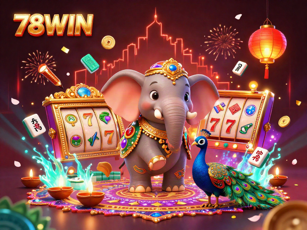 Experience thrilling gambling at 78WIN with vibrant slot reels surrounded by festive decorations.