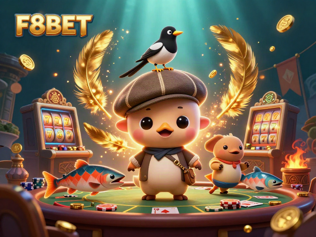 Experience the excitement of F8BET with vibrant characters and dynamic casino elements in this rich illustration.