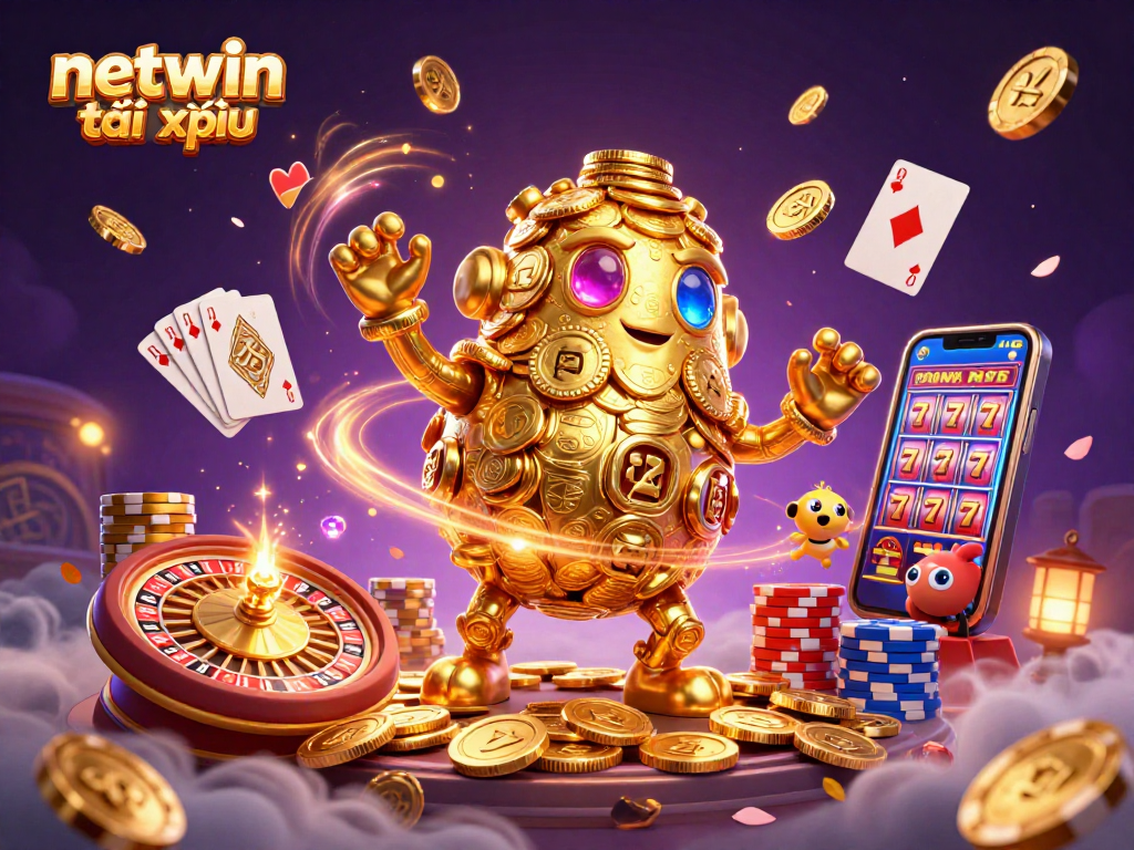Win big with netwin tài xỉu, featuring an ancient golden golem amidst glowing casino elements.