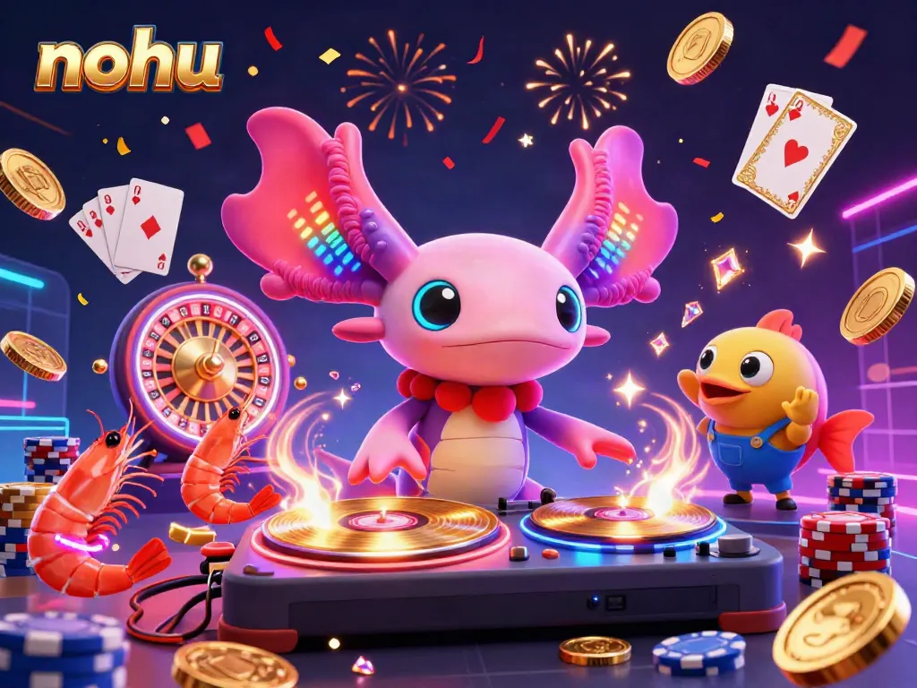 Experience nohu slots excitement as neon cartoon DJ spins treasures amidst glowing gems and animated characters.