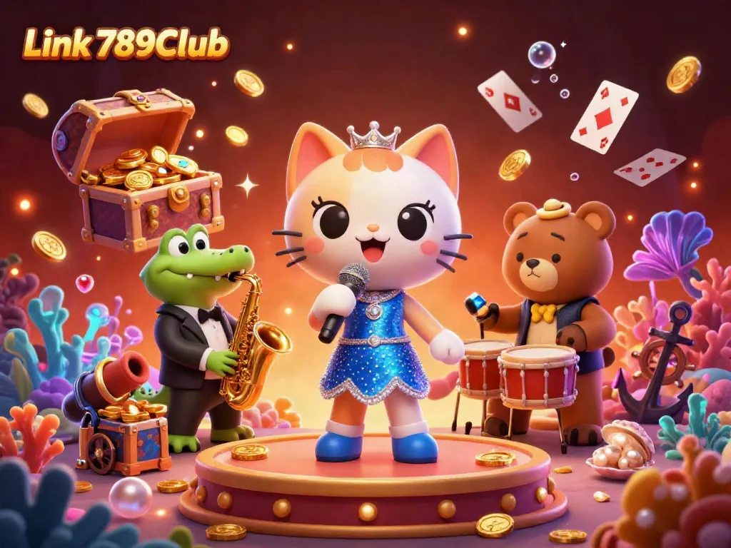 Experience the excitement of Link 789Club with a lively casino scene featuring characters and vibrant game elements.