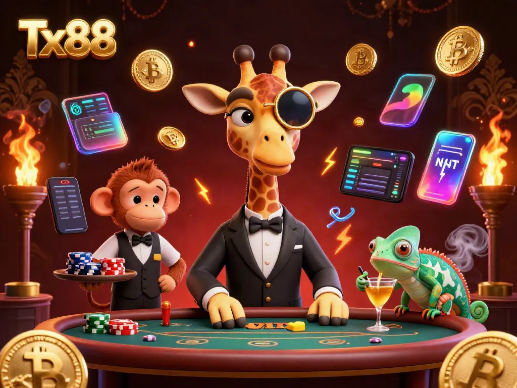 Tx88 engaging illustration of a high-roller giraffe at a poker table, creating a vibrant casino atmosphere.
