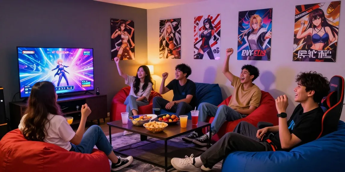 Friends enjoying online ecchi games in a lively gaming room with vibrant decor.