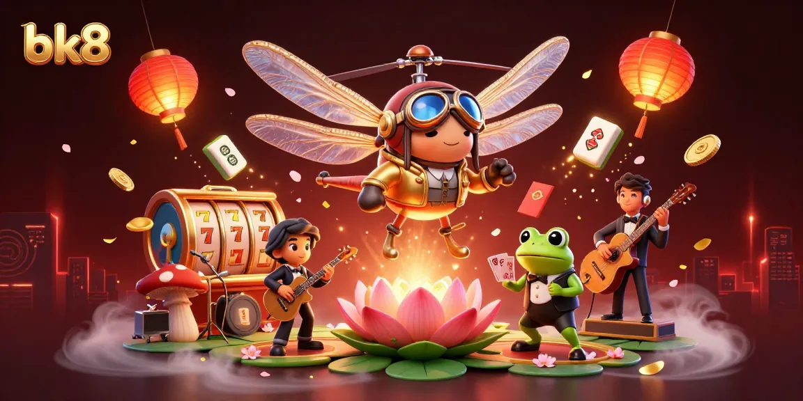 Enhance your bk8 gaming experience in this lively 3D casino scene featuring a dragonfly pilot and a frog dealer.