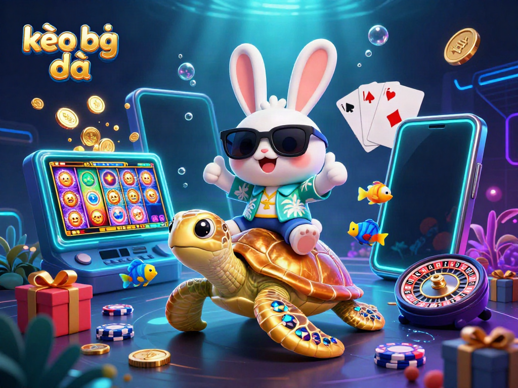 Engage in kèo bóng đá with an adorable rabbit offering a thumbs up atop a golden turtle in a vibrant 3D illustration.