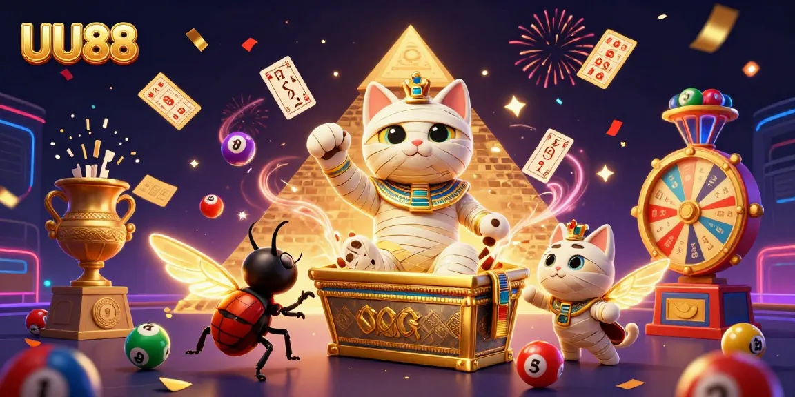 Experience the excitement of UU88 with a vibrant 3D illustration of a casino scene bursting with colorful games and characters.