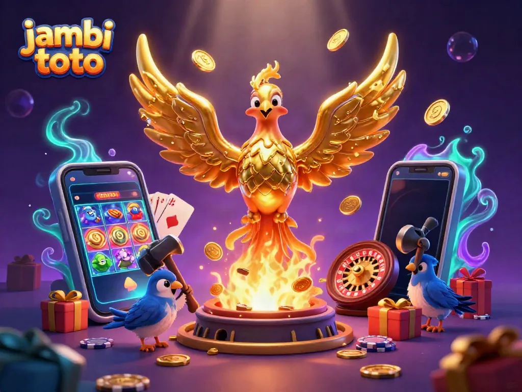 Experience the thrill of jambi toto with a golden phoenix and dynamic casino elements in vibrant 3D.