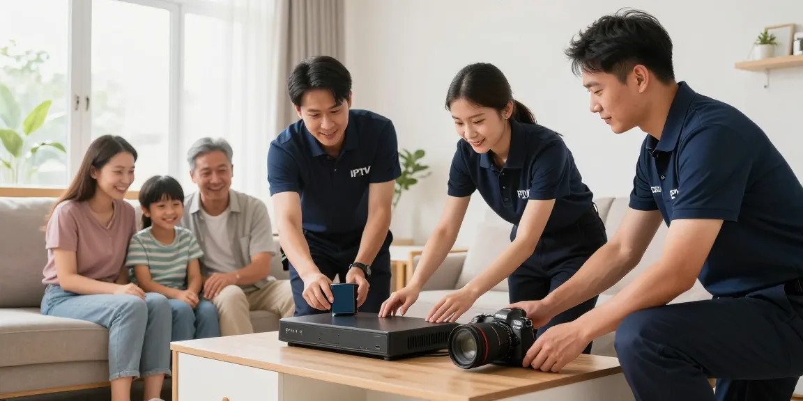 Local services installing IPTV subscription systems with professional technicians in a modern home, trusted provider, community service.