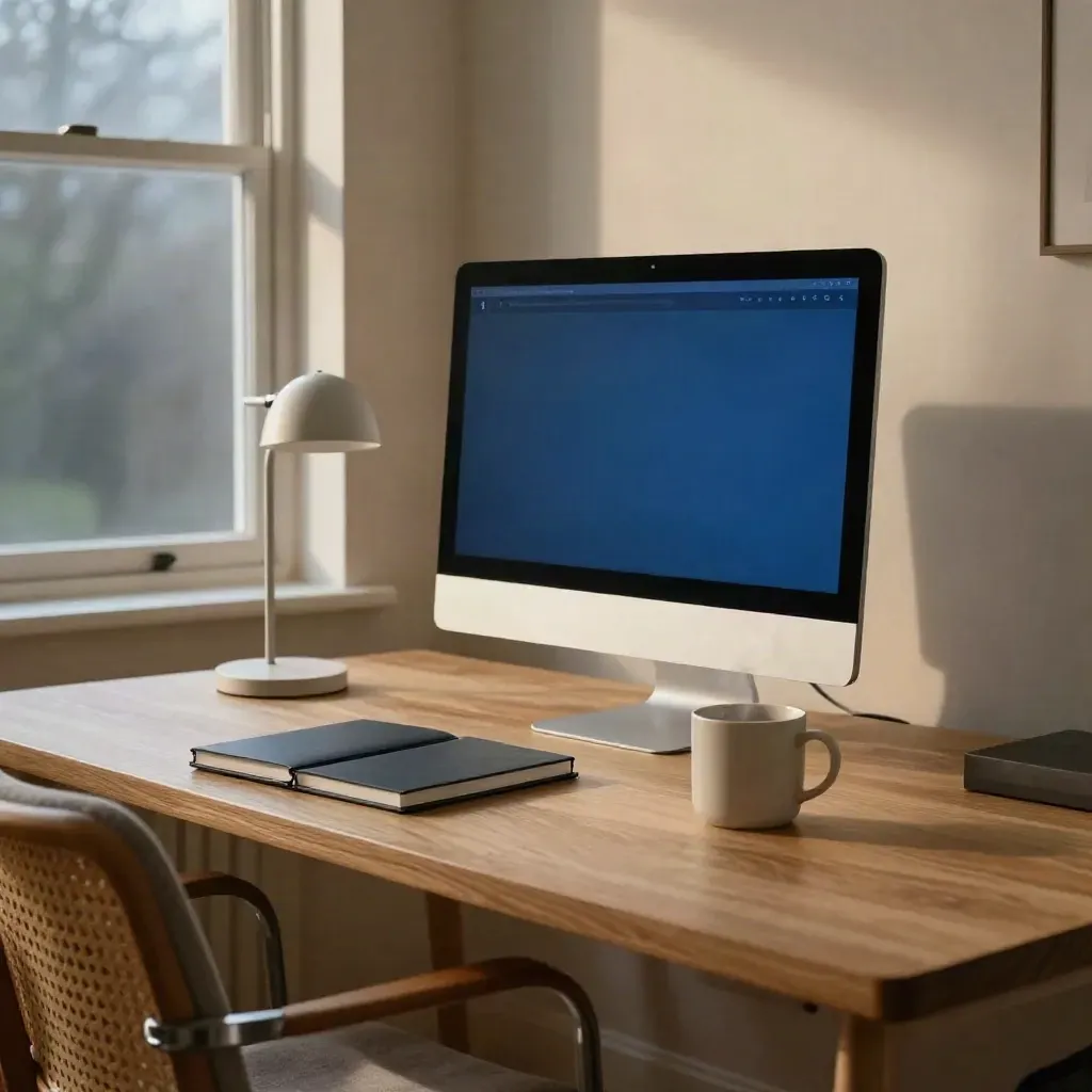 Home office website review station with glowing monitor, notebook, mug and lamp by misty window