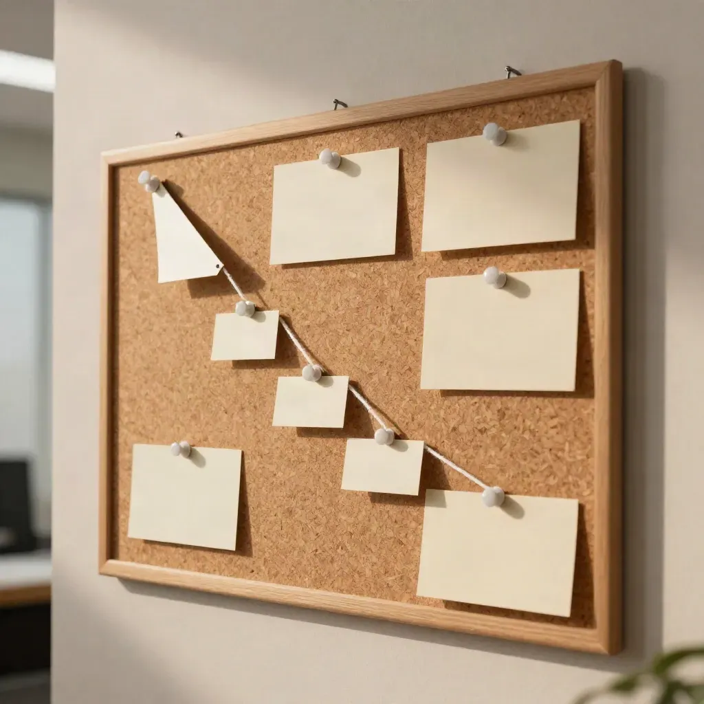 Top-down lead-plan wall with blank cards, white pins, string lines and a small cork board