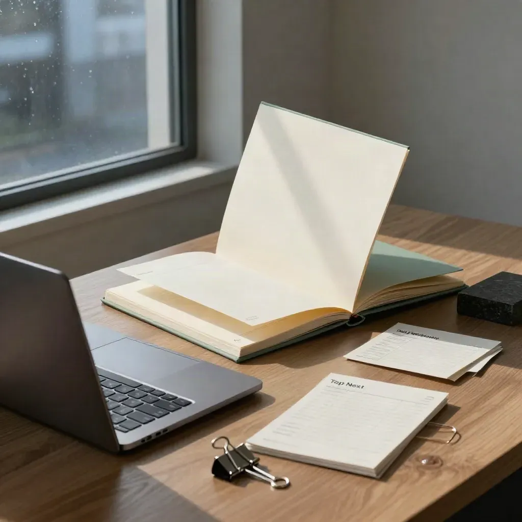 Business strategy materials on a desk in moody daylight, with laptop, workbook, audit cards and haze.