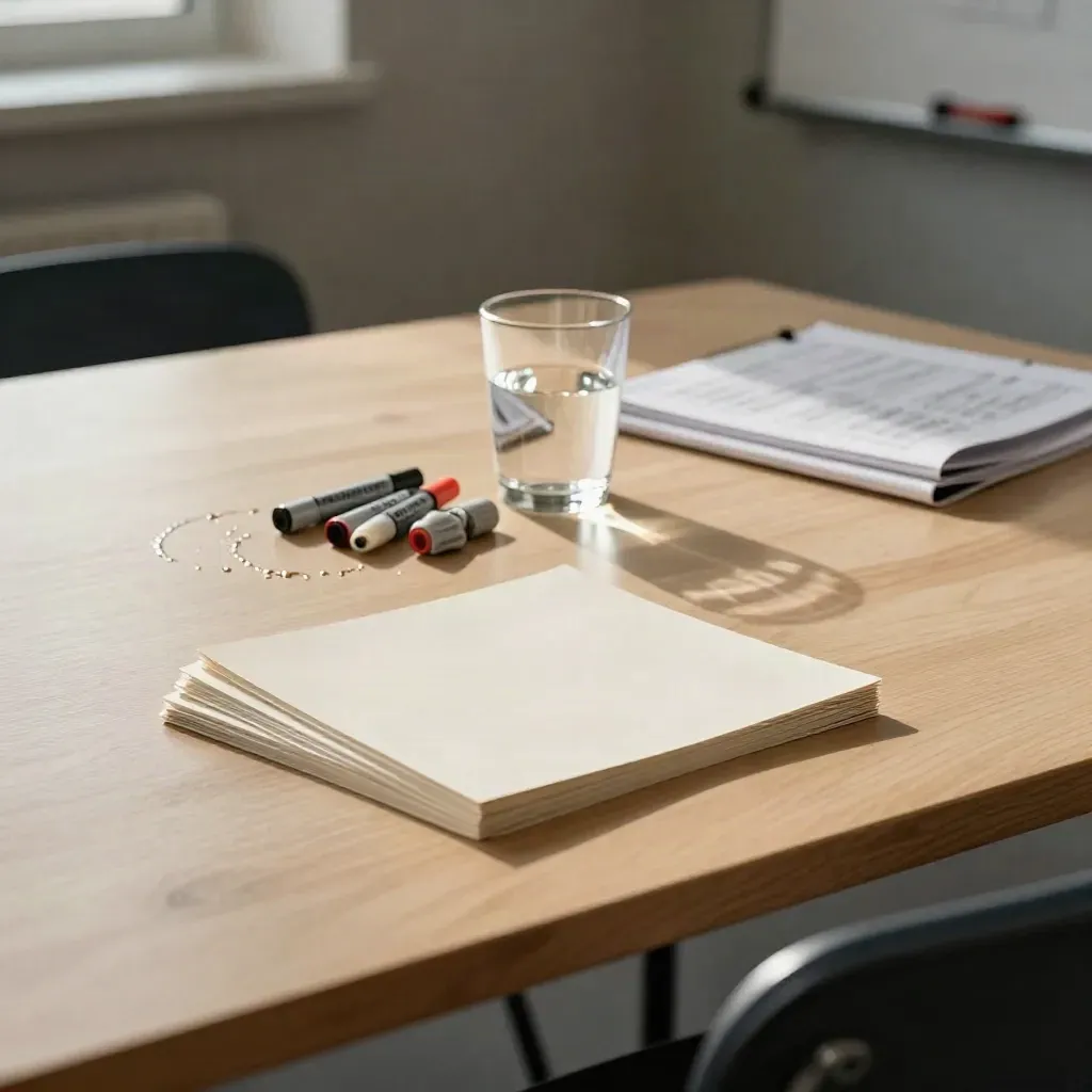 Workshop table after a strategy session with cards, caps, water glass and flipchart pad