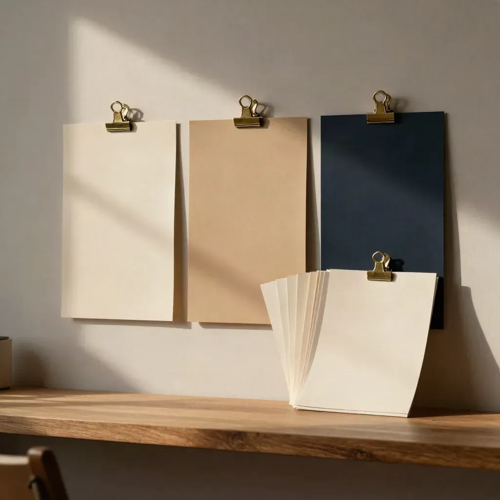 Paper panels and swatches clipped on a wall in warm late-afternoon light.