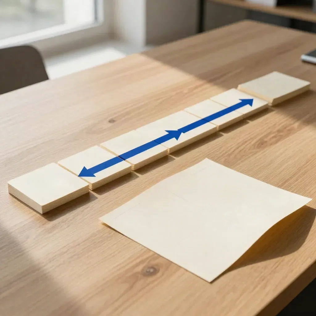 Top-down launch roadmap cards and cobalt tape arrows on a warm oak table in window light.