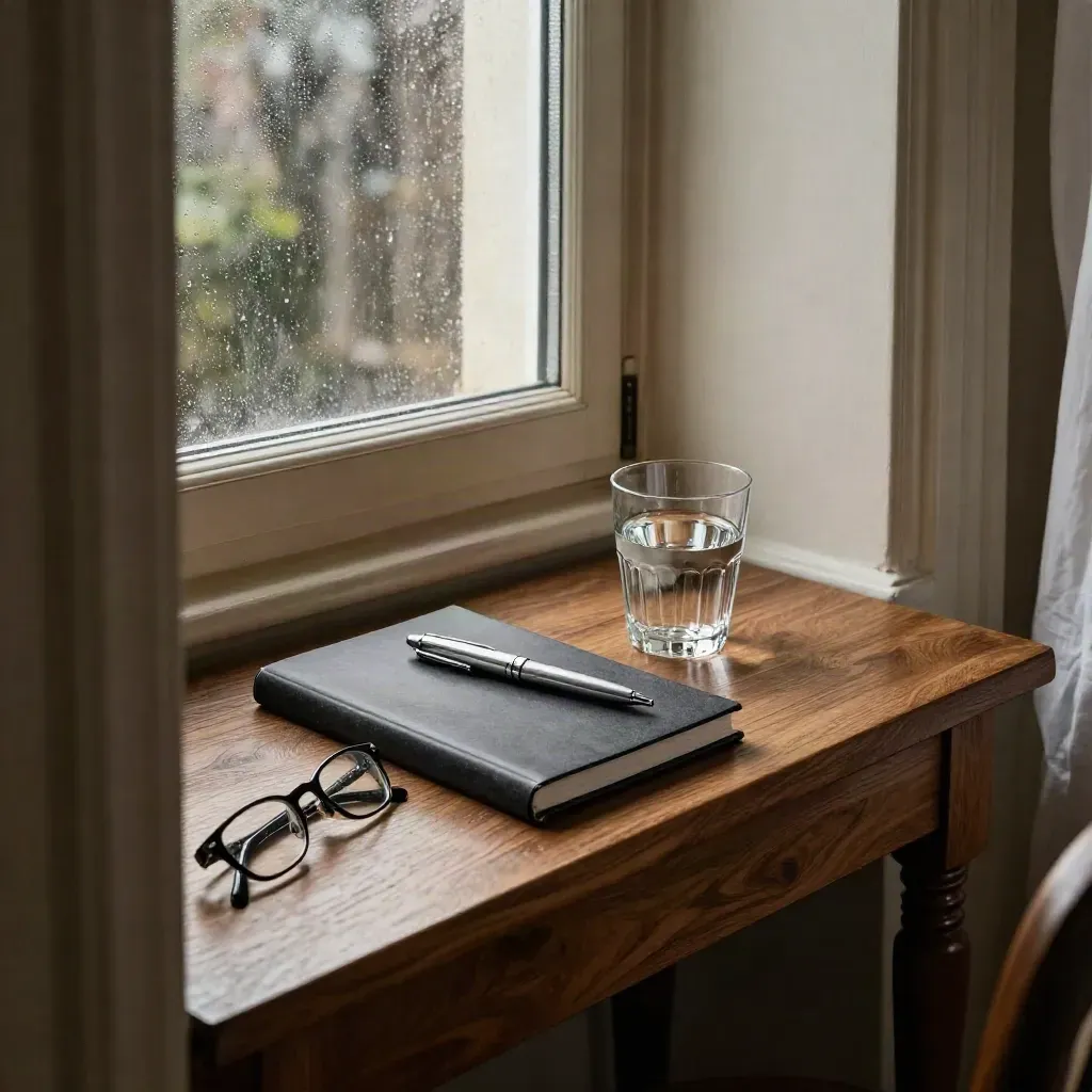 Window-side coaching nook with notebook, silver pen, glasses, and water glass in moody light.
