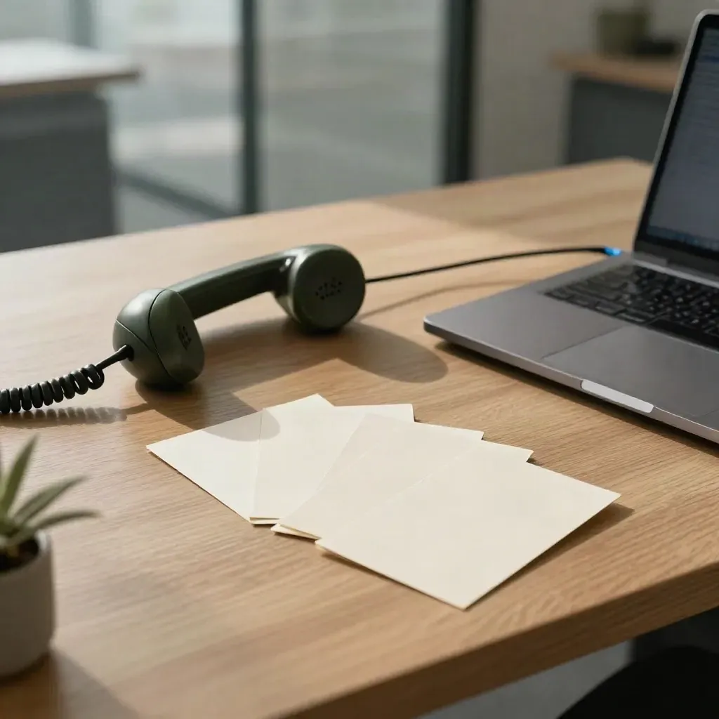 Handset, blank callback cards, closed laptop and plant on a hazy consulting desk.
