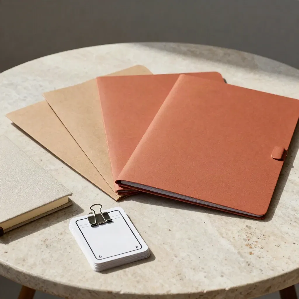 Top-down growth pack folders, notebook and action cards on a stone table with silver fastener