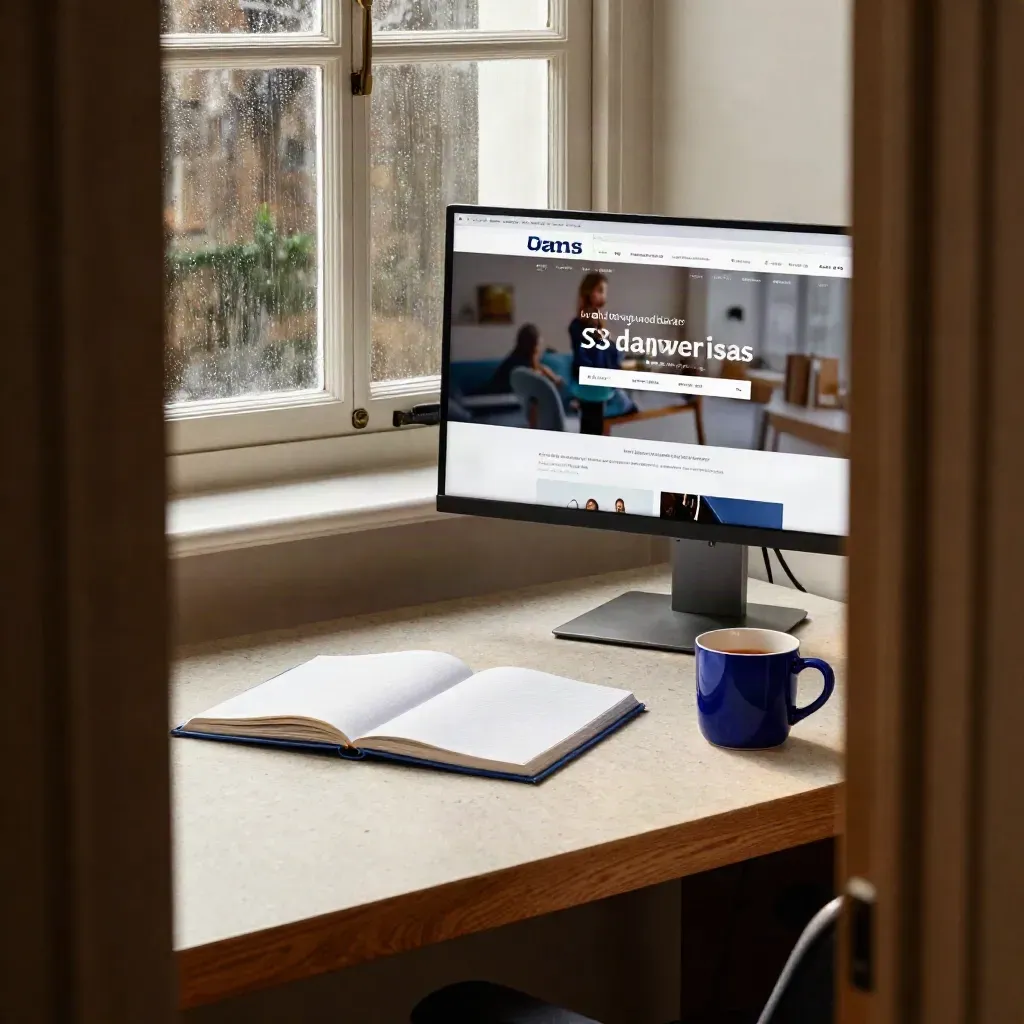 Rainy Bristol office corner with blurred monitor, cobalt mug, notebook and stone desk in warm light.