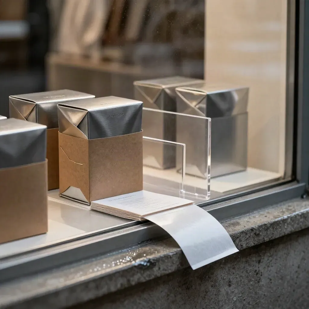 Late-night London retail backroom with sample packaging and route cards by a window.