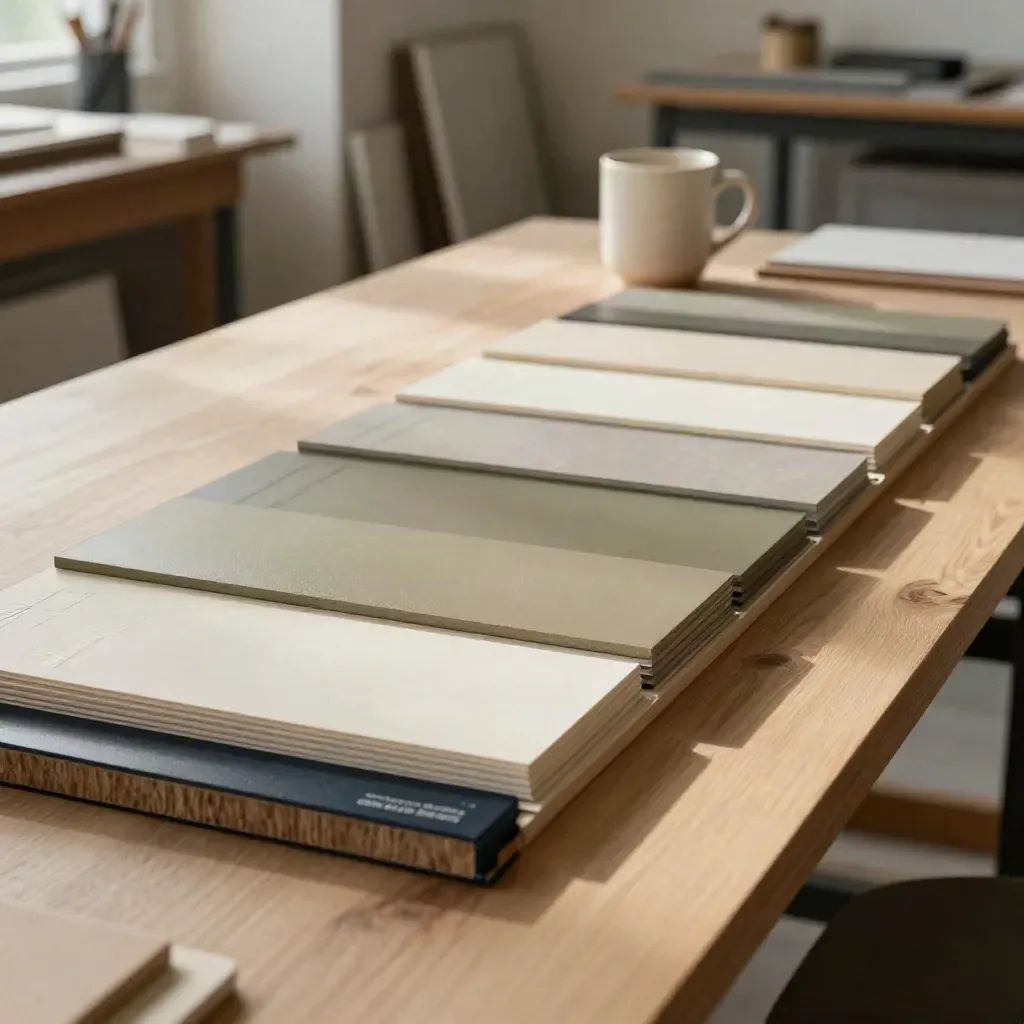 Brand boards, swatches and a mug on a Manchester studio table in warm daylight