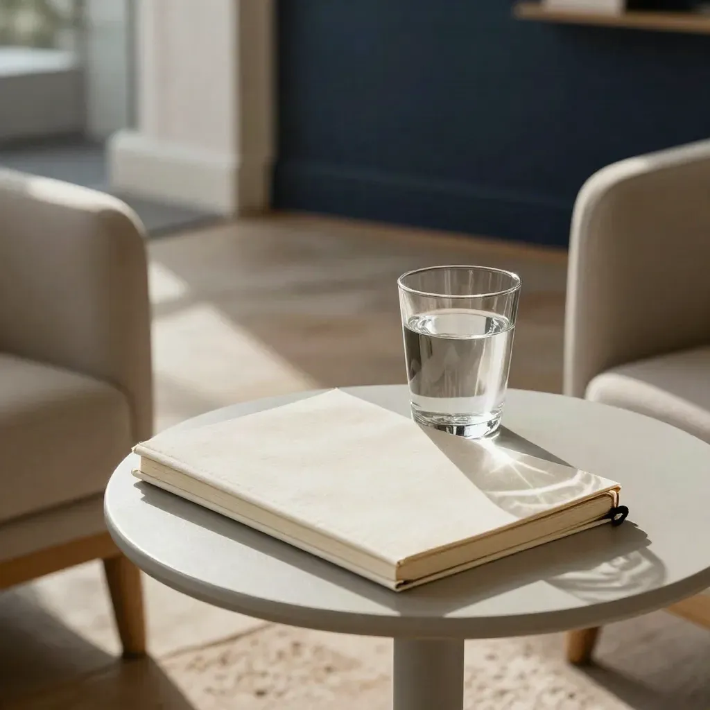 Closed notebook and water glass in a quiet coaching corner with two cropped chairs.
