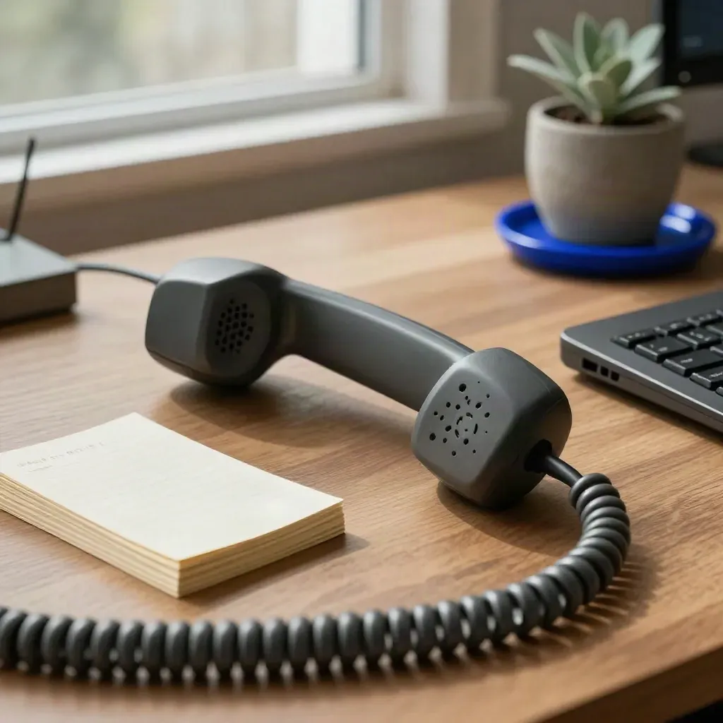 Low-angle phone desk reset with note cards, compact keyboard edge and small plant by a window.