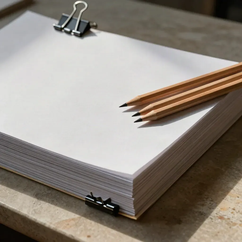Workshop note stack with flipchart pages, binder clips and three pencils on a stone table.