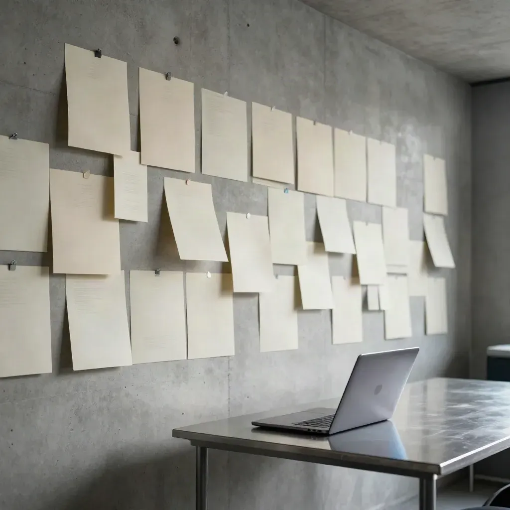 Pale review sheets and a closed laptop beside a concrete wall, lit low and cinematic.