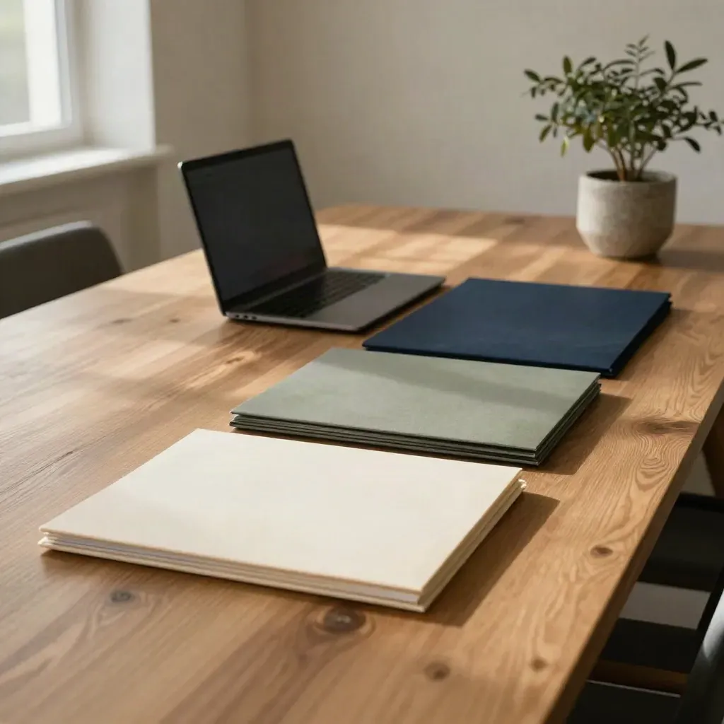Consultancy table with closed laptop, slim folders and olive plant in warm window light.
