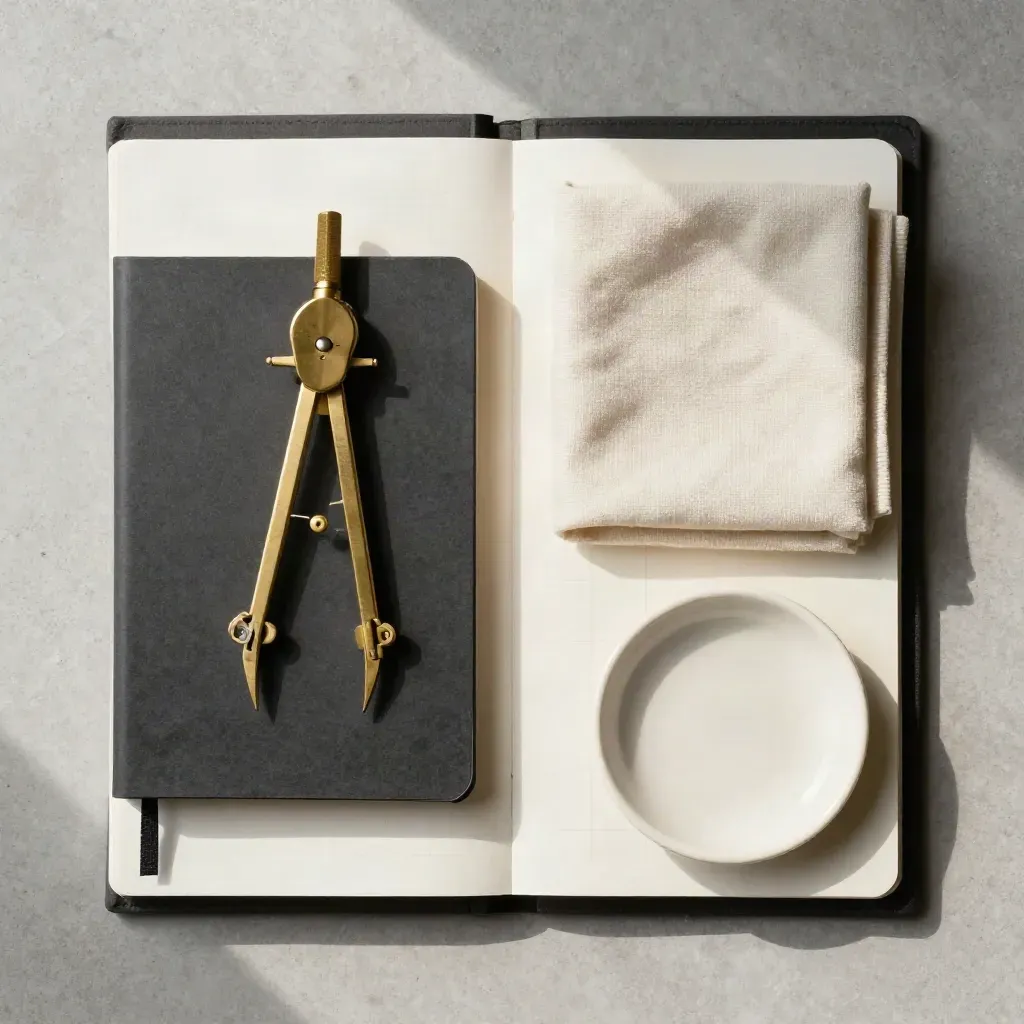 Brass compass paperweight with notebook, cloth and dish on pale concrete, overhead flatlay.