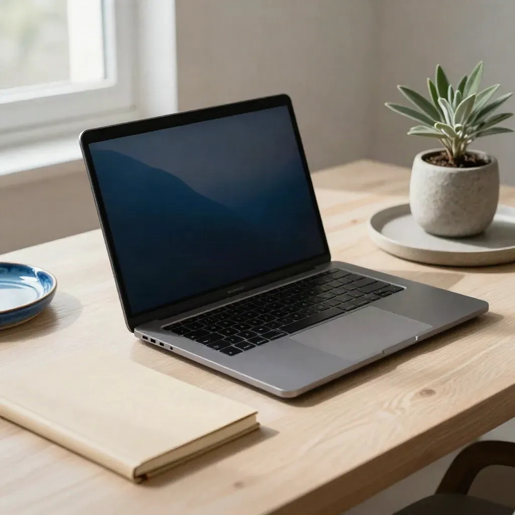Laptop, notebook, ceramic tray and plant on a pale wood desk in soft window light.