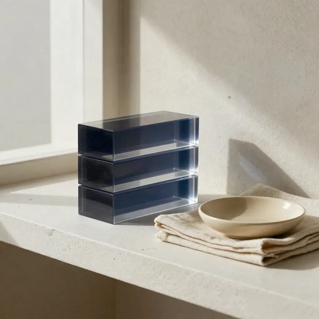 Acrylic alignment blocks, linen cloth and ceramic dish on a plaster shelf with soft window light.