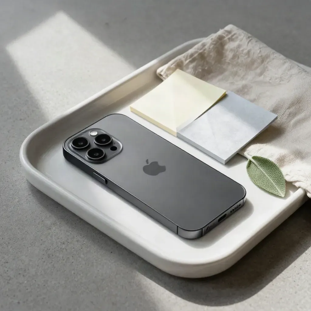 Smartphone and blank sticky tags on a white tray with a small leaf in soft morning light.
