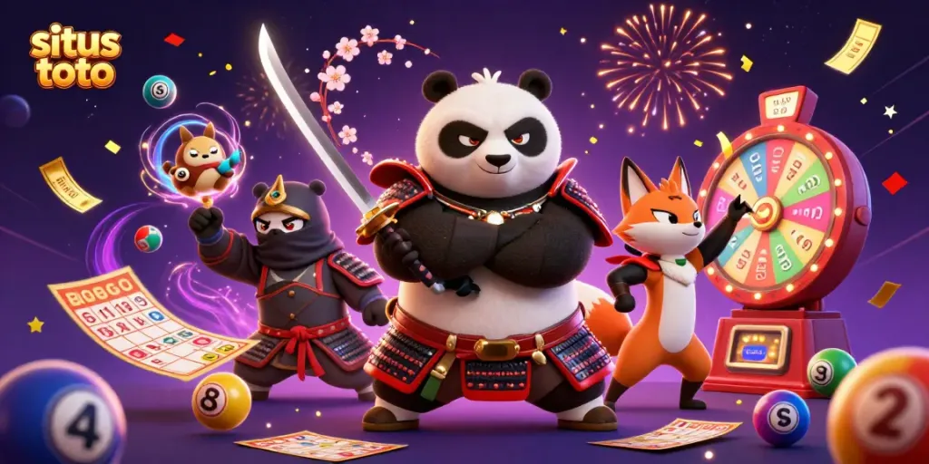 Engage with situs toto featuring an energetic panda samurai and ninja fox in a colorful casino scene.