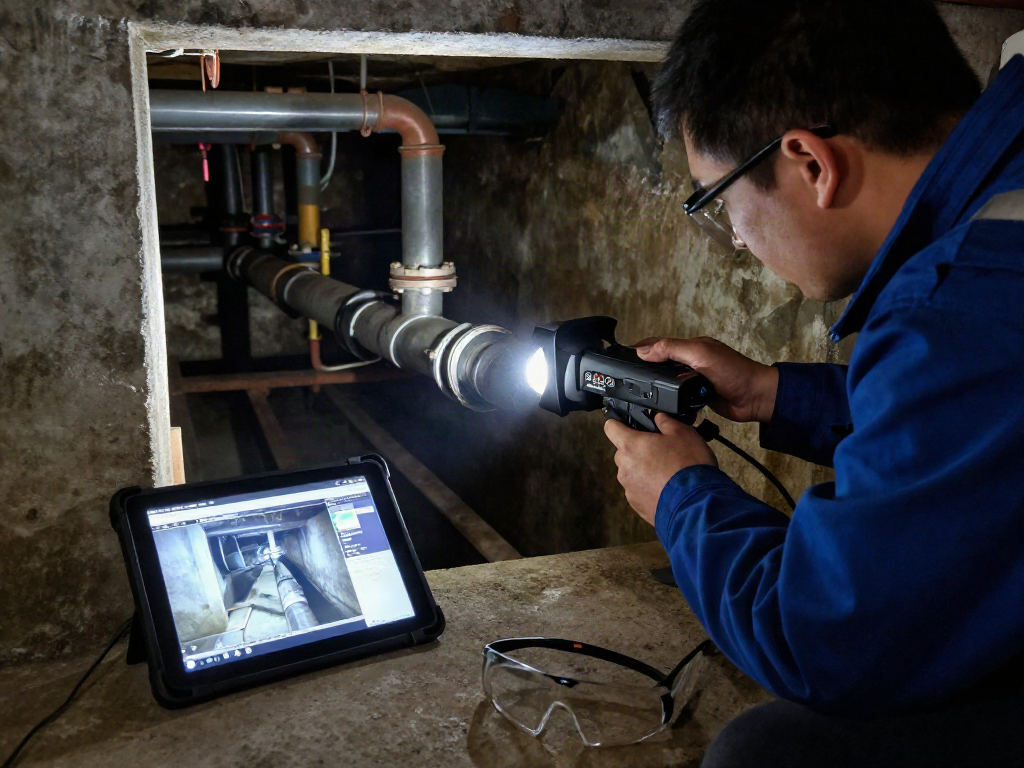 CCTV Drainage Survey Surrey technician using MiniCam camera to inspect pipes and drainage systems in a professional setting.