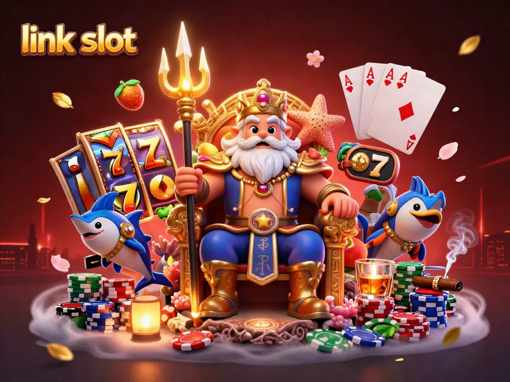Engage with vibrant slot game elements in a dynamic link slot casino scene featuring Neptune and samurai.