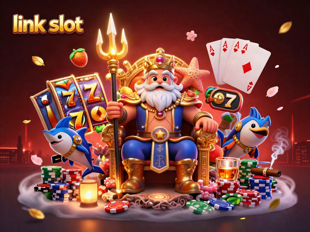 Engage with vibrant slot game elements in a dynamic link slot casino scene featuring Neptune and samurai.