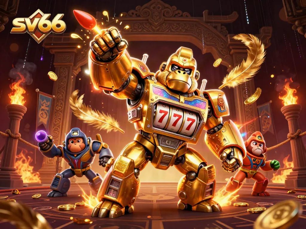 Engage with thrilling sv66 slots in a vibrant 3D casino scene featuring a golden gorilla mech.